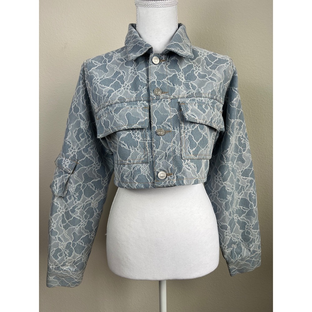 Forever 21 Y2K Lace Overlay Cropped Denim Trucker Jacket Coquette Fairycore S